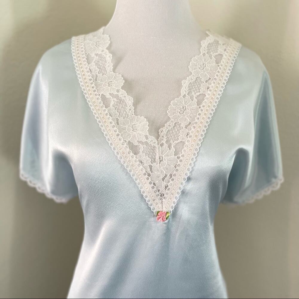 Vintage Nightgown Satin Sheer Lace  Light Blue Satin Slip Dress Silky Lingerie - Picture 12 of 16